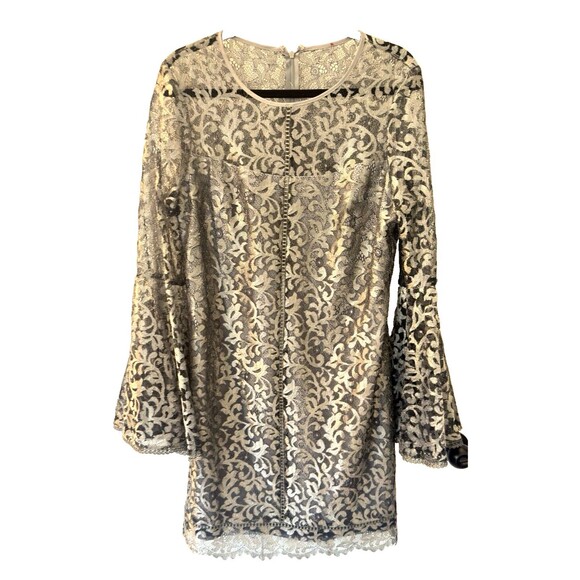 WHBM Silver Metallic Lace Bell Sleeve Mini BodyCon Party Coctail Dress Sz 12 NEW - Picture 3 of 10